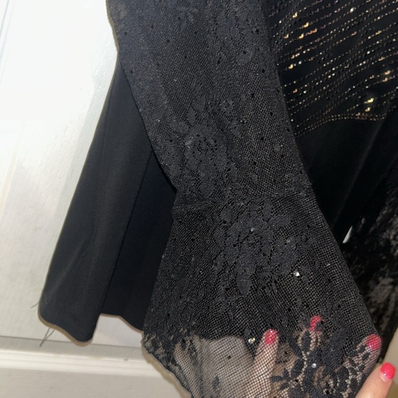 FLARE LACE BLACK SLEEVES BEDAZZLED RHINESTONE TOP LACE DETAILING SPARKLY - Picture 6 of 11